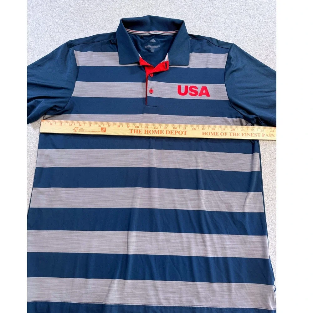 Adidas Golf Polo Shirt Mens Large Blue Gray Striped USA Performance Short Sleeve